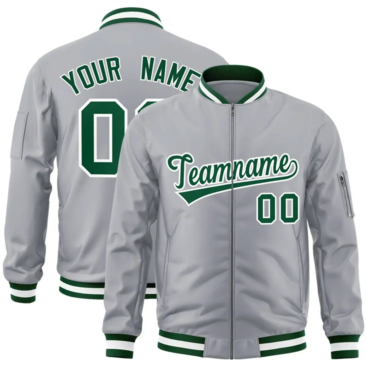 Gray Green-White Varsity Full-Zip Letterman Bomber Jacket