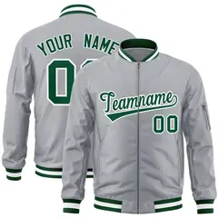 Gray Green-White Varsity Full-Zip Letterman Bomber Jacket 1