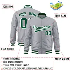 Gray Green-White Varsity Full-Zip Letterman Bomber Jacket 2