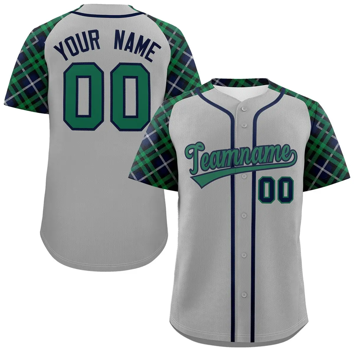 Gray Kelly Green-Navy Raglan Sleeves Baseball Jersey