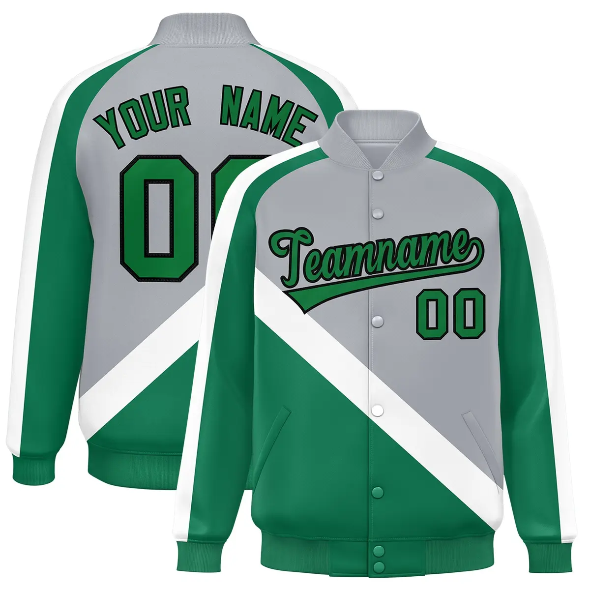 Gray Kelly Green Raglan Sleeves Full-Snap Letterman Baseball Jacket