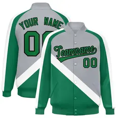 Gray Kelly Green Raglan Sleeves Full-Snap Letterman Baseball Jacket