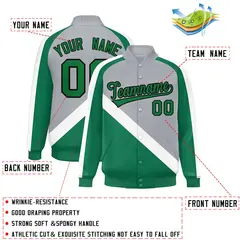 Gray Kelly Green Raglan Sleeves Full-Snap Letterman Baseball Jacket 2