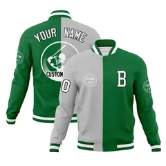 Gray Kelly Green Split Letterman Varsity Full-Snap Baseball Jacket 1