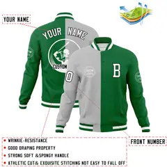 Gray Kelly Green Split Letterman Varsity Full-Snap Baseball Jacket 4