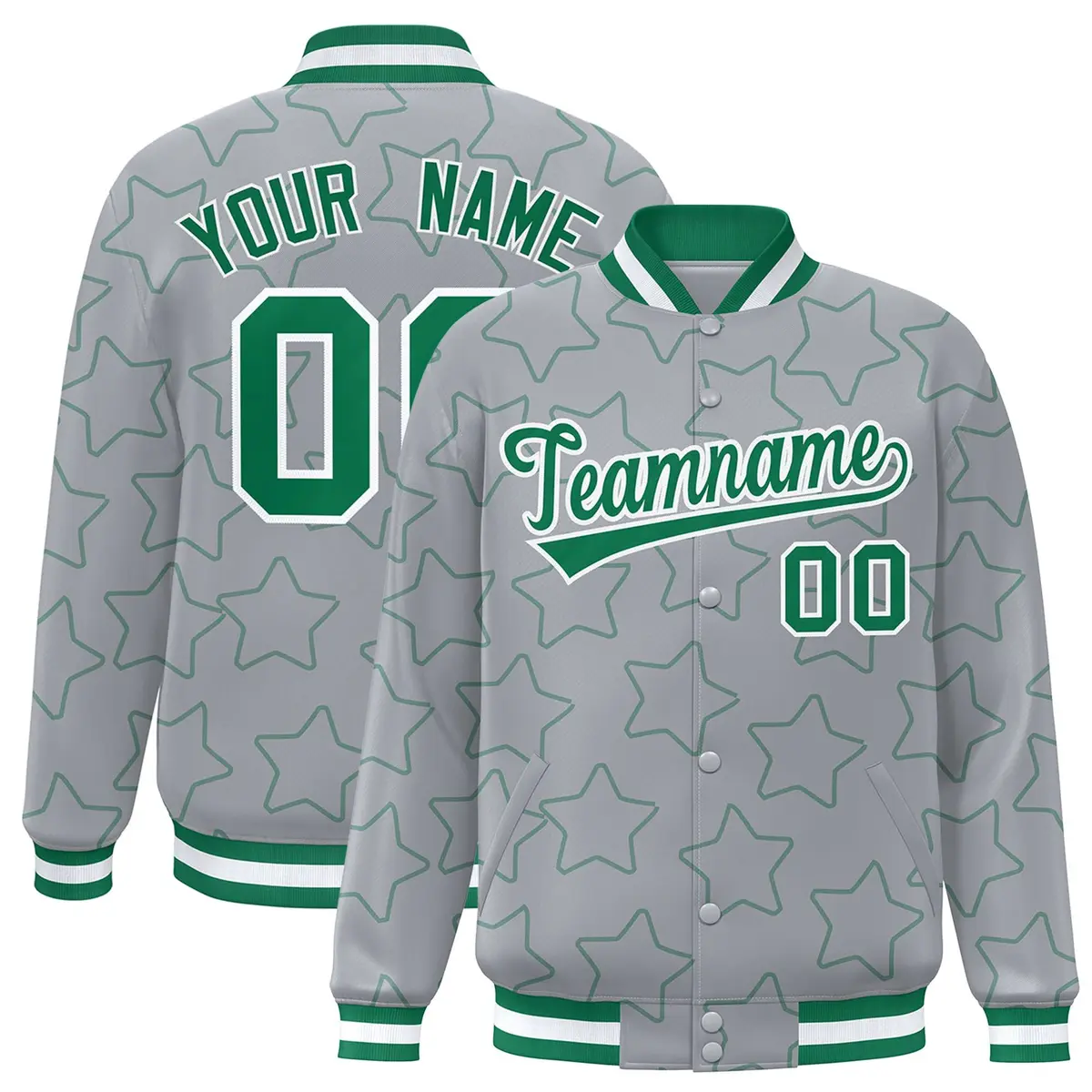 Gray Kelly Green Star Pattern Varsity Full-Snap Letterman Baseball Jacket