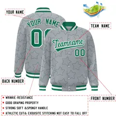 Gray Kelly Green Star Pattern Varsity Full-Snap Letterman Baseball Jacket 2