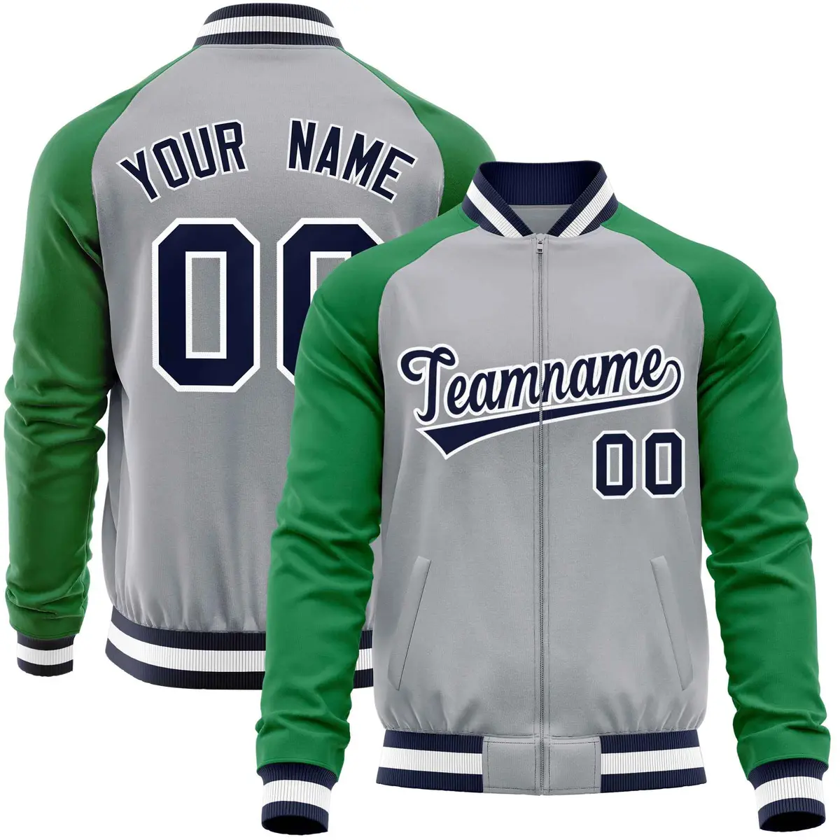 Gray Kelly Green Varsity Full-Zip Raglan Letterman Baseball Jacket