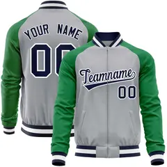 Gray Kelly Green Varsity Full-Zip Raglan Letterman Baseball Jacket
