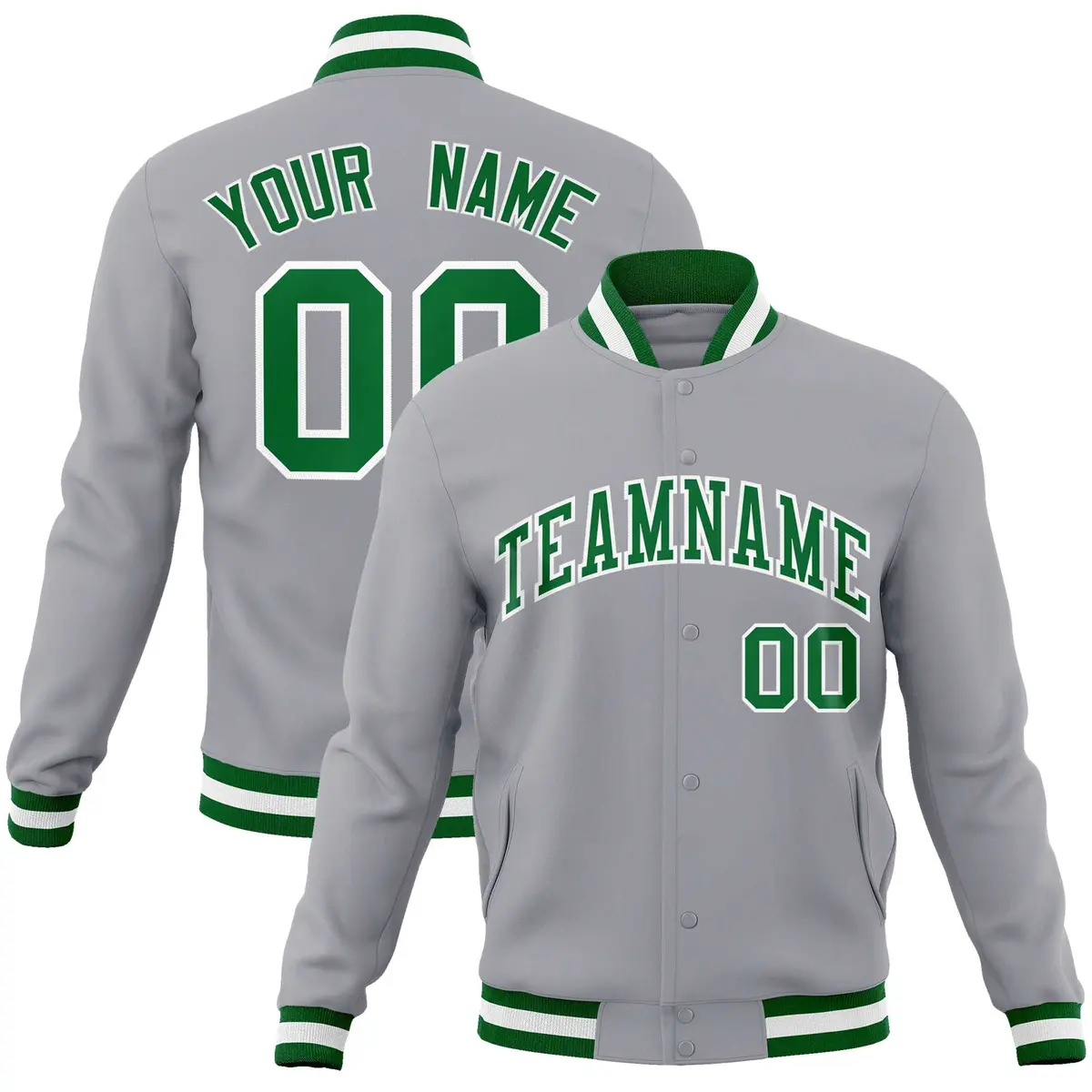 Gray Kelly Green White Full-Snap Varsity Letterman Jacket
