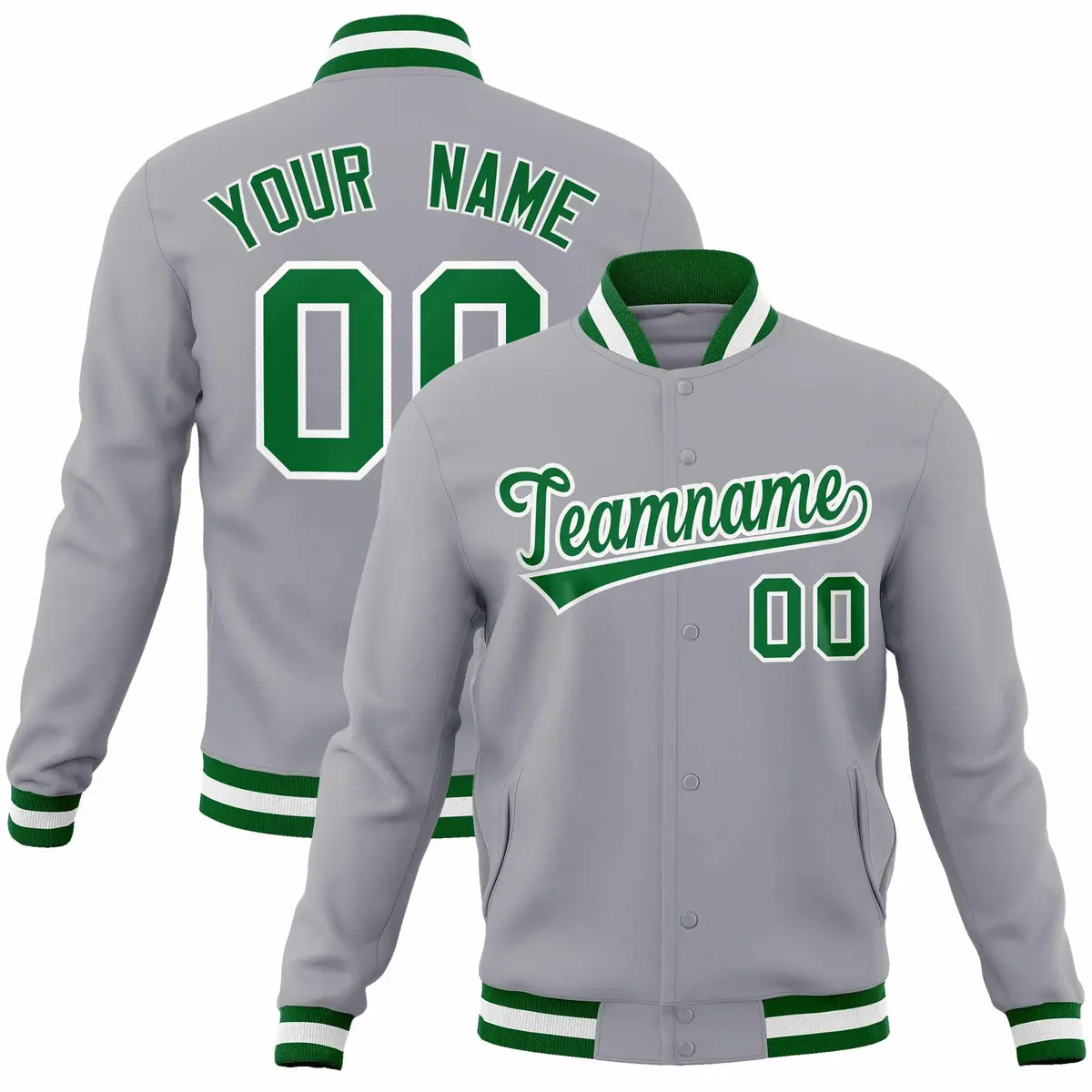 Gray Kelly Green White Full-Snap Varsity Letterman Jacket