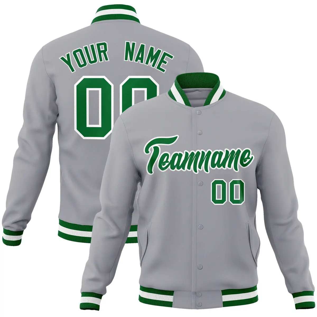 Gray Kelly Green White Full-Snap Varsity Letterman Jacket
