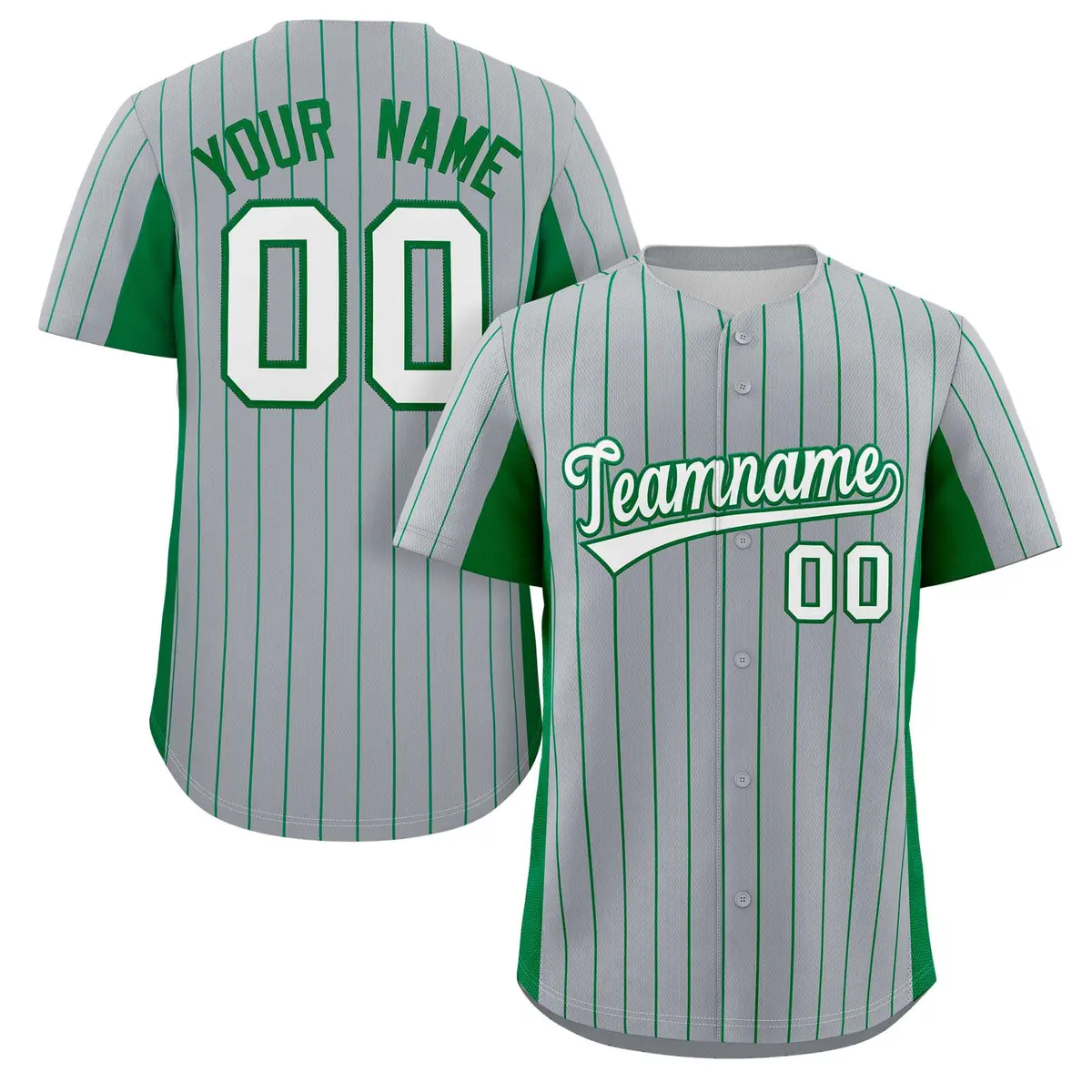 Gray Kelly Green-White Stripe Full Button Baseball Jersey