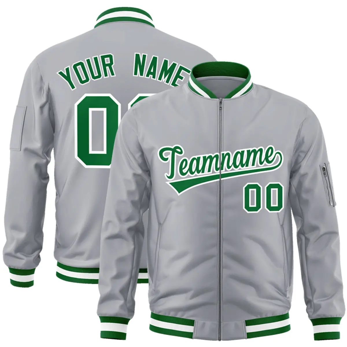 Gray Kelly Green-White Varsity Full-Zip Letterman Jacket