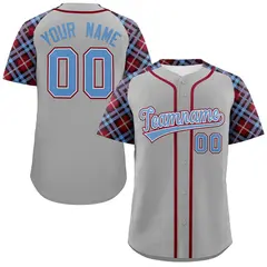 Gray Light Blue-Crimson Raglan Sleeves Baseball Jersey 1