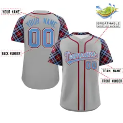 Gray Light Blue-Crimson Raglan Sleeves Baseball Jersey 2