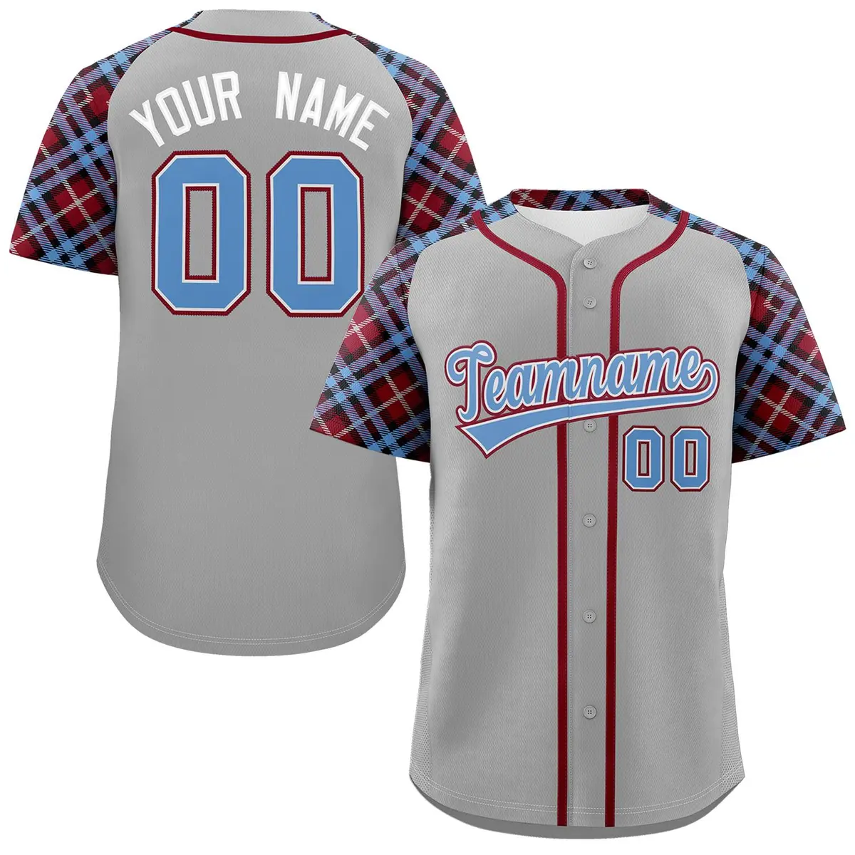 Gray Light Blue-Crimson Raglan Sleeves Baseball Jersey