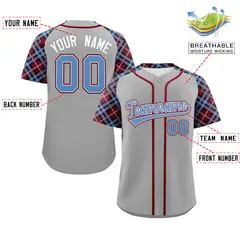 Gray Light Blue-Crimson Raglan Sleeves Baseball Jersey 2