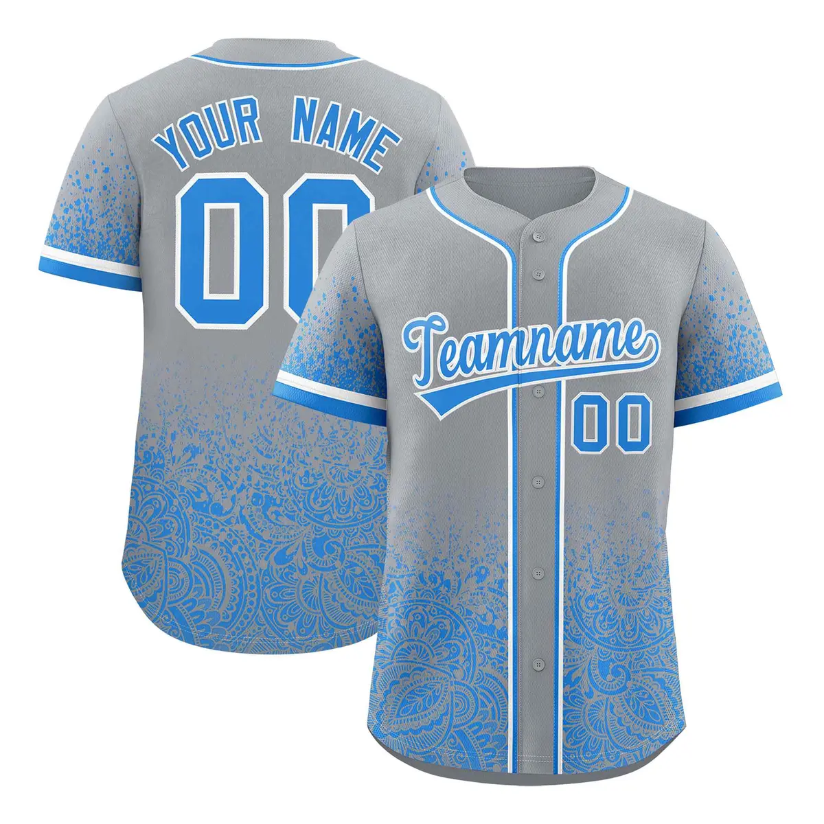 Gray Light Blue Floral Gradient Full Button Baseball Jersey