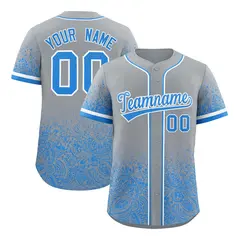 Gray Light Blue Floral Gradient Full Button Baseball Jersey 1