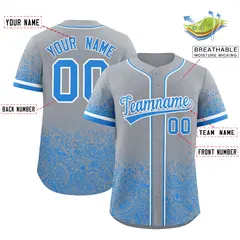 Gray Light Blue Floral Gradient Full Button Baseball Jersey 2