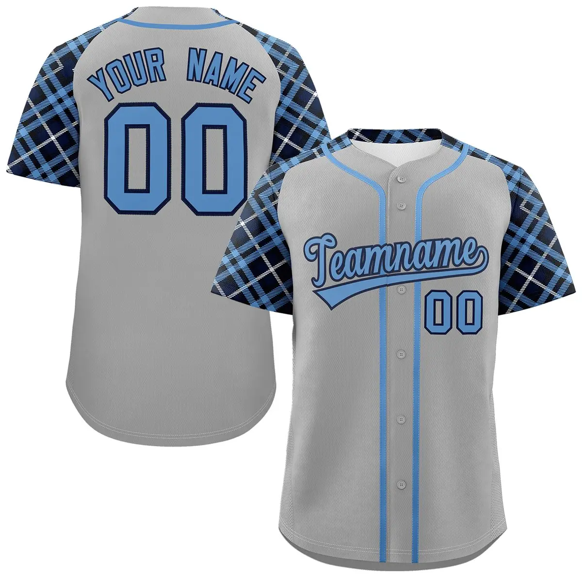 Gray Light Blue-Navy Raglan Sleeves Baseball Jersey