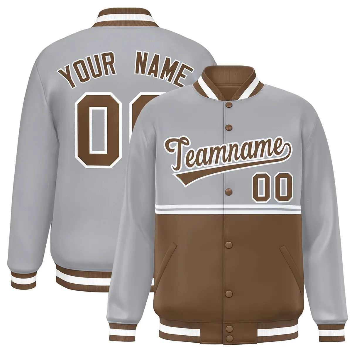 Gray Light Brown Color Block Varsity Full-Snap Letterman Jacket