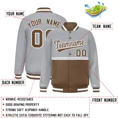 Gray Light Brown Color Block Varsity Full-Snap Letterman Jacket 2