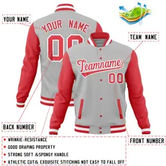 Gray Light Red Full-Snap Raglan Sleeves Letterman Jacket 4