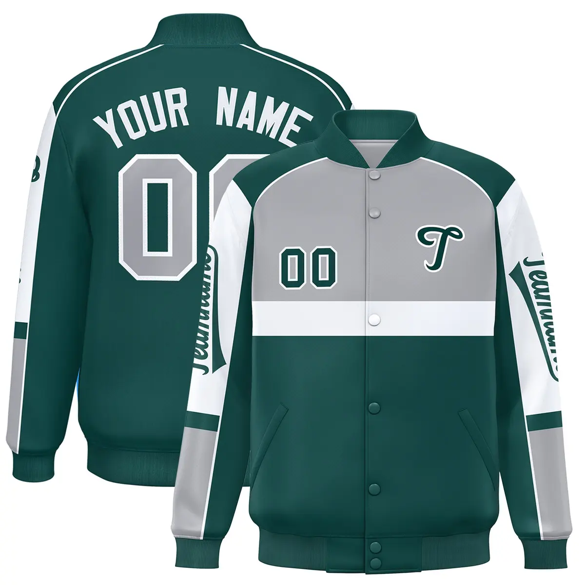 Gray Midnight Green Raglan Sleeves Varsity Letterman Jacket