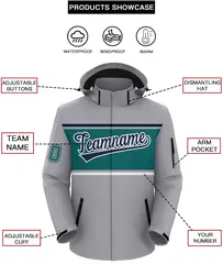 Gray Navy-Aqua Color Block Hooded Waterproof Outdoor Jacket 2