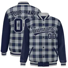 Gray Navy-Aqua Plaid Varsity Letterman Baseball Jacket 1