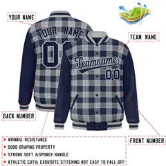 Gray Navy-Aqua Plaid Varsity Letterman Baseball Jacket 2