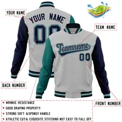 Gray Navy-Aqua Raglan Full-Snap Varsity Letterman Jacket 4