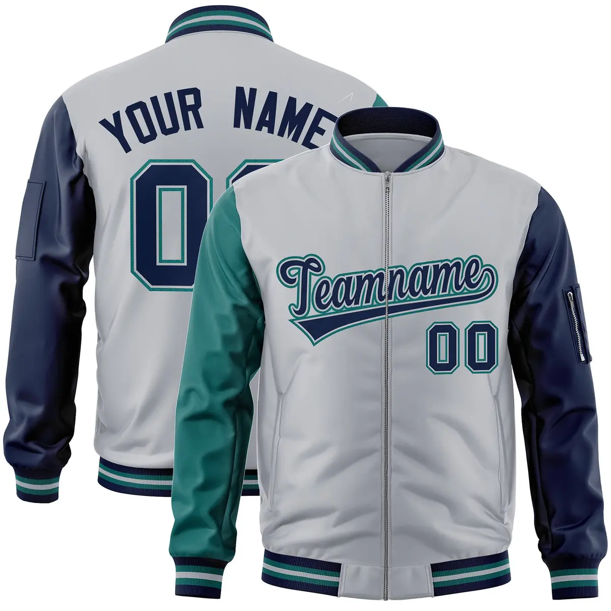 Gray Navy-Aqua Varsity Raglan Full-Zip Letterman Bomber Jacket