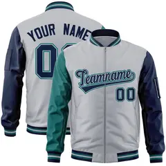 Gray Navy-Aqua Varsity Raglan Full-Zip Letterman Bomber Jacket 1
