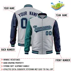 Gray Navy-Aqua Varsity Raglan Full-Zip Letterman Bomber Jacket 2