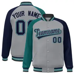 Gray Navy-Aqua Varsity Raglan Letterman Bomber Jacket 1