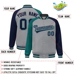 Gray Navy-Aqua Varsity Raglan Letterman Bomber Jacket 2