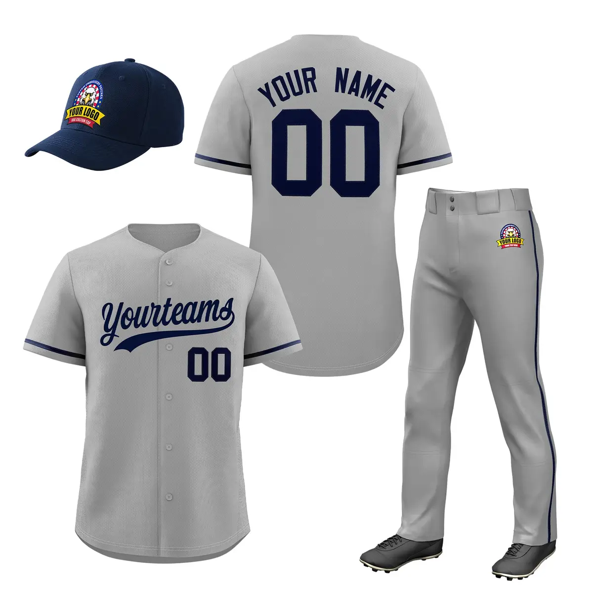 Gray Navy Baseball Jersey Pants Hat Uniform Package