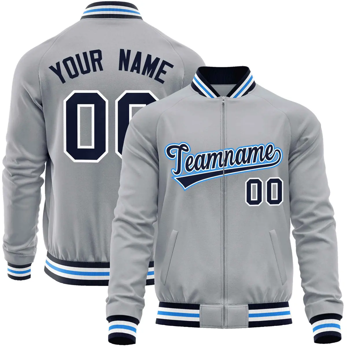 Gray Navy Classic Varsity Full-Zip Letterman Baseball Jacket