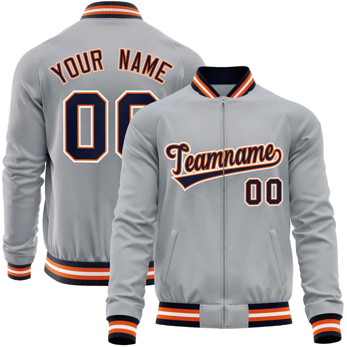 Gray Navy Classic Varsity Full-Zip Letterman Baseball Jacket
