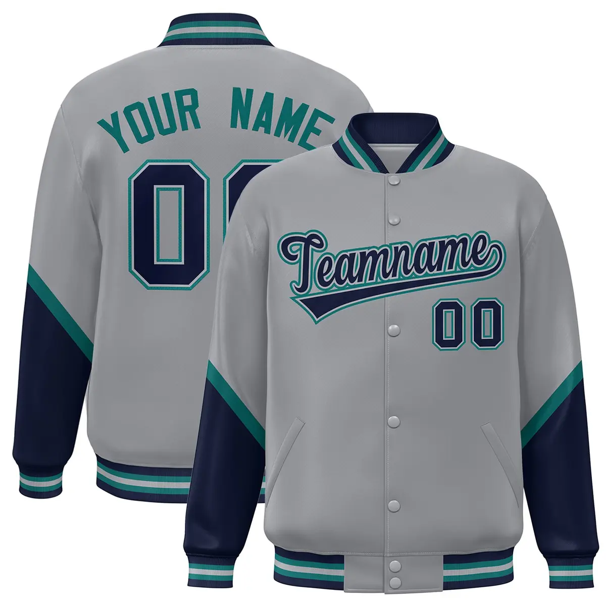Gray Navy Color Block Full-Snap Varsity Letterman Baseball Jacket