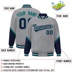 Gray Navy Color Block Full-Snap Varsity Letterman Baseball Jacket 2