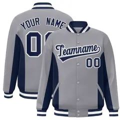 Gray Navy Color Block Full-Snap Varsity Letterman Baseball Jacket