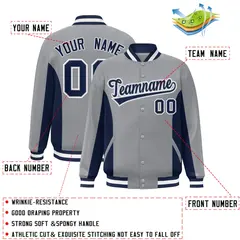 Gray Navy Color Block Full-Snap Varsity Letterman Baseball Jacket 2