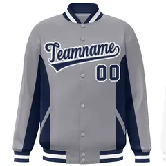 Gray Navy Color Block Full-Snap Varsity Letterman Baseball Jacket 3