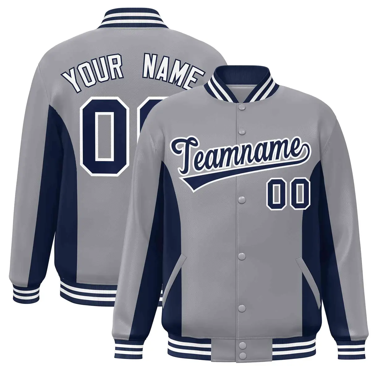 Gray Navy Color Block Full-Snap Varsity Letterman Baseball Jacket