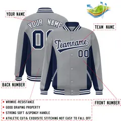 Gray Navy Color Block Full-Snap Varsity Letterman Baseball Jacket 2