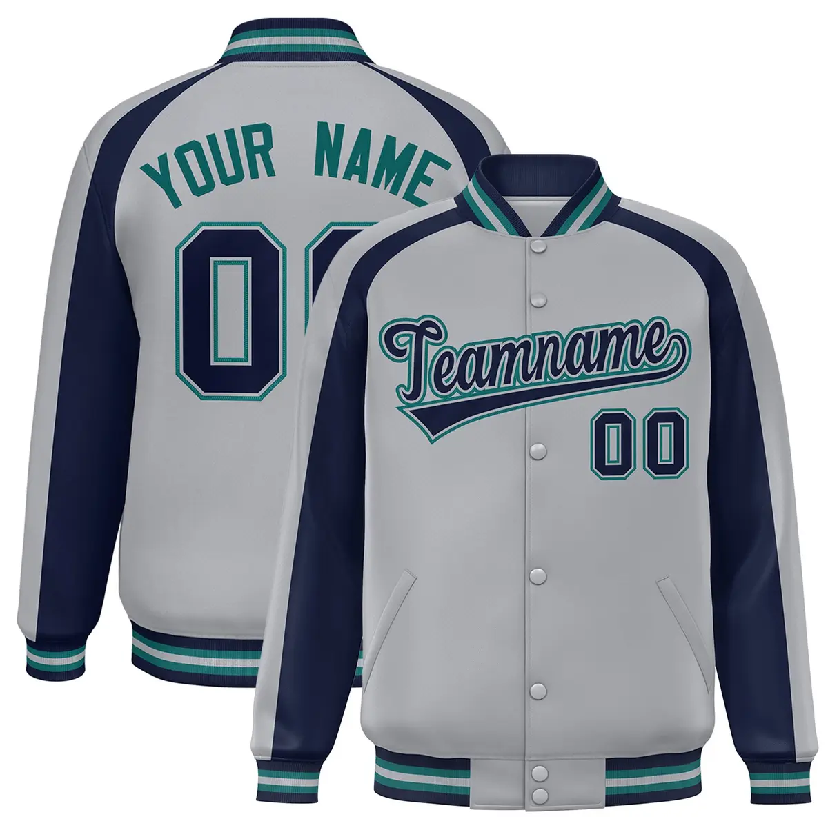 Gray Navy Color Block Raglan Full-Snap Varsity Letterman Jacket
